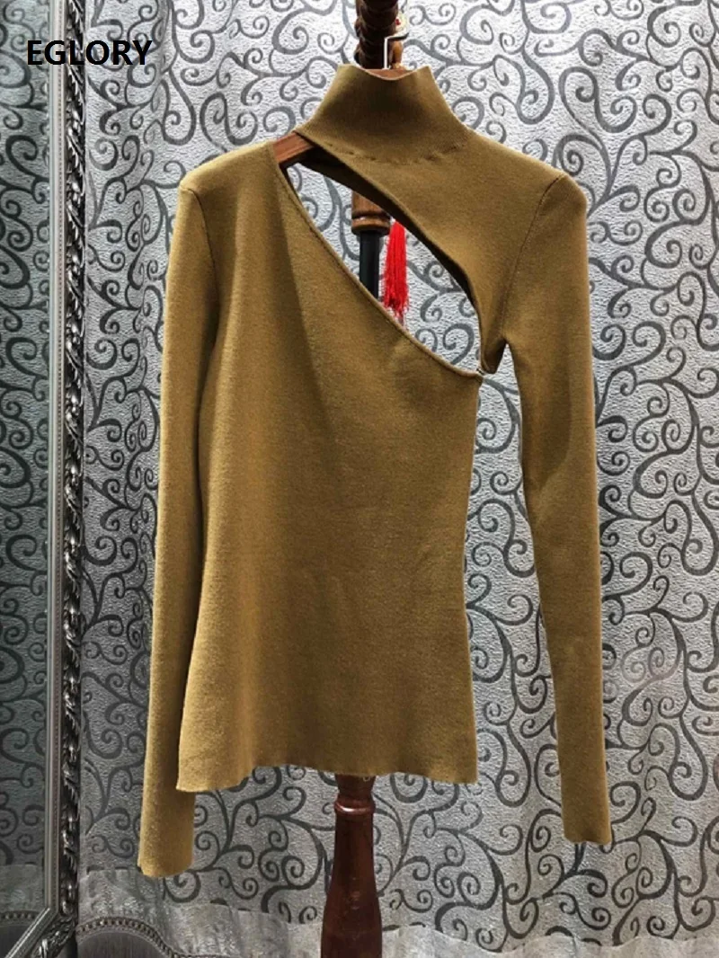 brown Turtleneck Sweaters Autumn Winter Casual Pullovers Women Hollow Out Sexy Long Sleeve Knitted Grey Black Brown Jumpers Lady - Цвет: brown