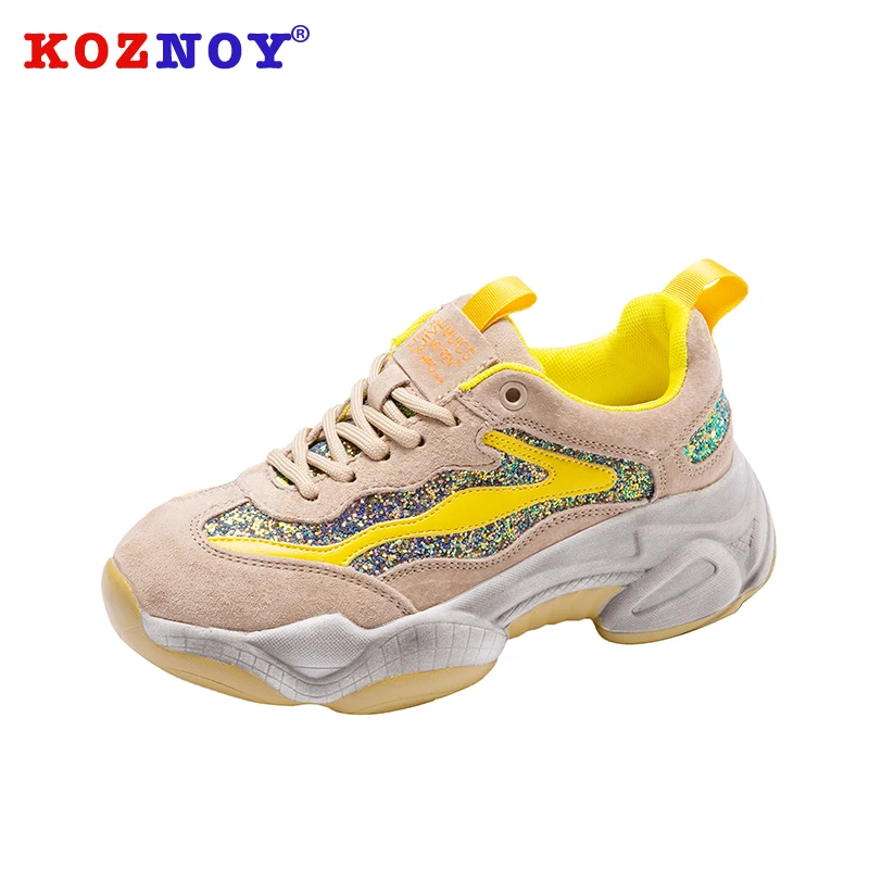 

Koznoy Sneakers Women Cross Tied Autumn Dropshipping Fashion Round Toe Mixed Colors Sewing Lace Thick Bottom Causal Women Shoes