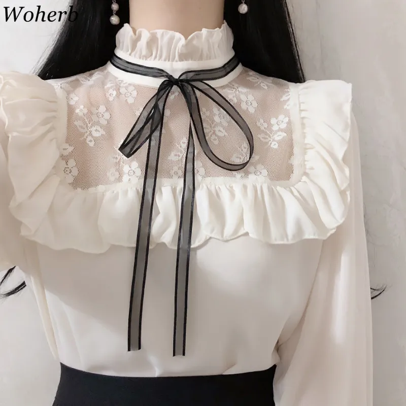 

Woherb Vintage Ruffles Lace Blouse 2019 New Elegant Casual Women Tops Fashion Sweet Korean White Shirt Femme Long Sleeve Blusas