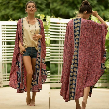 

2020 Plus size Beach Blouse Location Print Beach Robe Holiday Kimonos Beach Kaftan Dress Bikini Cover up Sarong Pareo Beach wear
