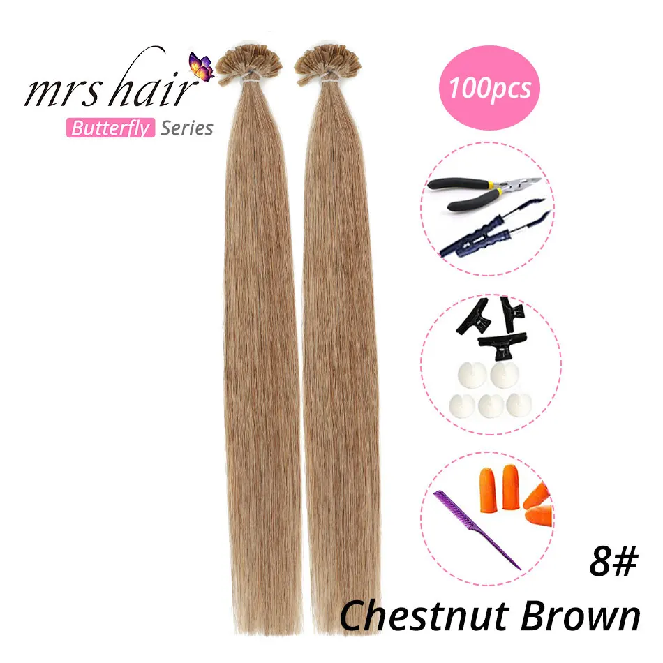 MRS HAIR, 1 г/шт., 14 дюймов, 16 дюймов, 20 дюймов, 24 дюйма, накладные волосы, прямые волосы Remy Nail, кератиновые человеческие волосы, 50 шт - Цвет: KUT08-100