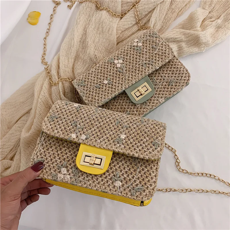 

2019 New Style Straw Square Sling Bag Fashion Weaving Turnlock Bag Shoulder Chain Small WOMEN'S Bag