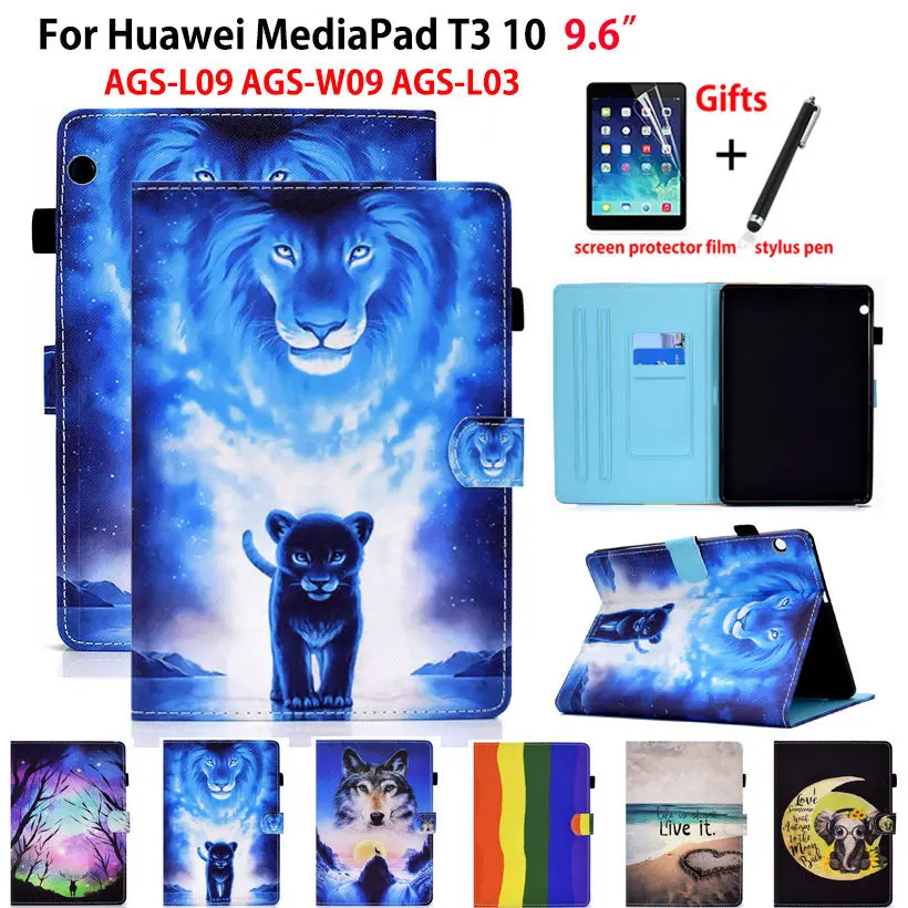 Per Huawei Mediapad T3 10 Custodia Ags-L09 Ags-W09 9.6 "Cover Funda Tablet Cartoon Lion Wolf Stand Shell Coque Capa + Regalo
