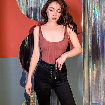 

2019 Sexy Elastic Threaded Cotton Tight Low Chest Backless Conjoined Vest All-match Bodysuits for Women