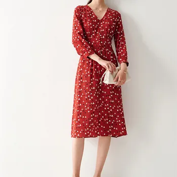 

Three Quarter Sleeve Women Red Color Dress Back Zipper 100% Silk V-neck Split Spring and Summer Female Sweet Midi Dress