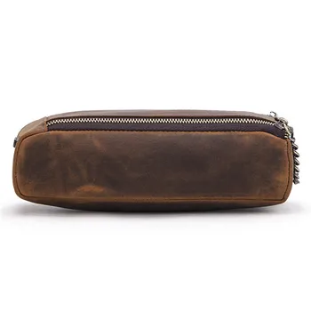 

Handmade Crazy Horse Cowhide Pencil Storage Case Leather Pen Pouch Double Zipper Large Capacity Retro Protective Carrying Bag