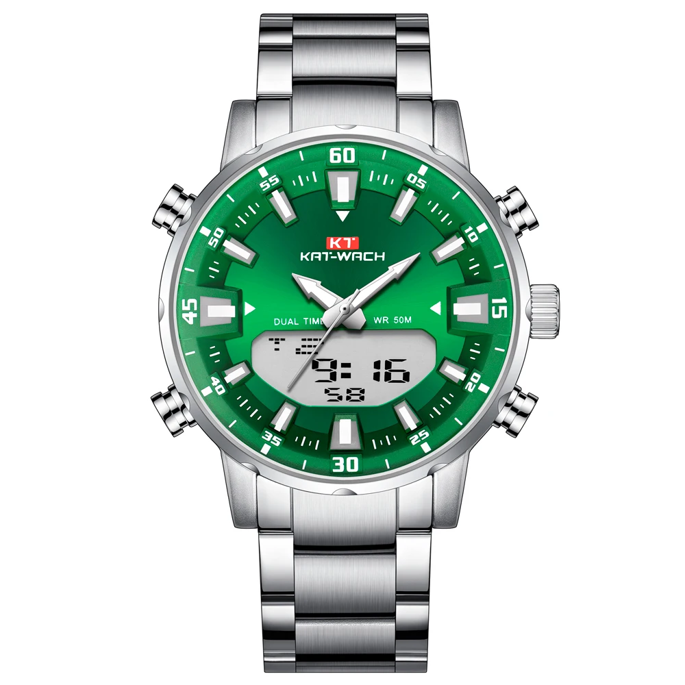 KT1815Green with box KT New Mens Watches with Stainless Steel Dual Display Waterproof 3D Dial Analog Digital Chronograph Male Sport Style KT1815 - Цвет: KT1815Green with box