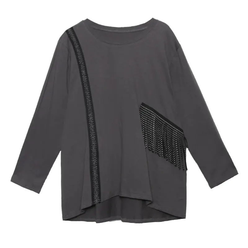 gray WLD2421 XITAO Лоскутная нестандартная футболка с кисточками Женская одежда с заклепками Модный пуловер подходит ко всем черно-серым футболкам Топ осень WLD2421 - Цвет: gray WLD2421