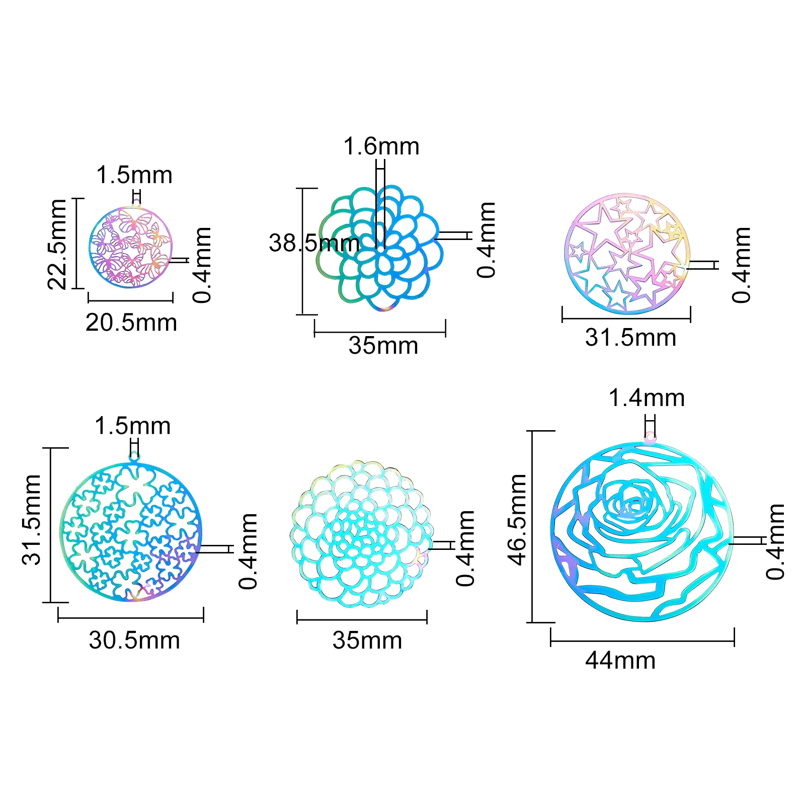 24Pcs Stainless Steel Rainbow Filigree Pendants Etched Metal Embellishments for Earrings Jewelry Making