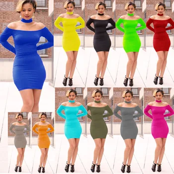 

OWLPRINCESS 20200 Summer Long Sleeve Horizontal Neck off-Shoulder Sexy Nightclub Dress