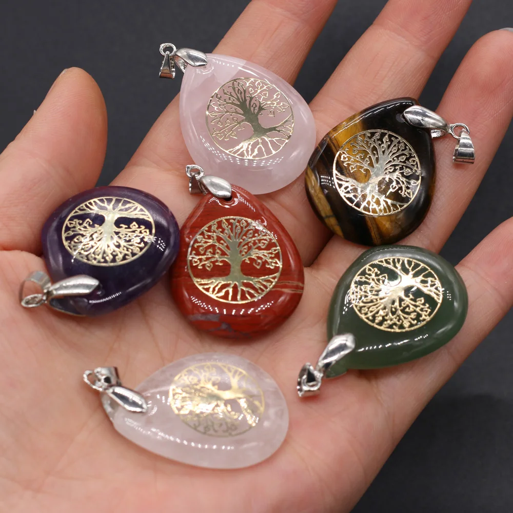 

7 Chakra Natural Stone Amethyst Water Drop Shape Life Tree Pattern Pendant Charm Jewelry DIY Jewelry Making Necklace Gift