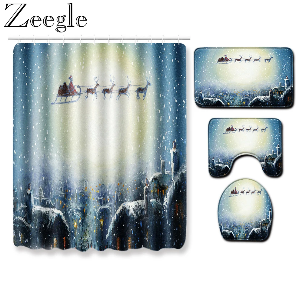

Zeegle Waterproof Shower Curtain Christmas Bath Curtain Anti-slip Bathroom Rug Set Toilet Cover Mat Absorbent Bath Mat Set