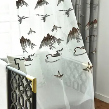 

Pastoral Embroidered Curtain for Living Room Landscape Mountain Cotton Linen Heavy Weight Insulate French Window Drapes JS105C