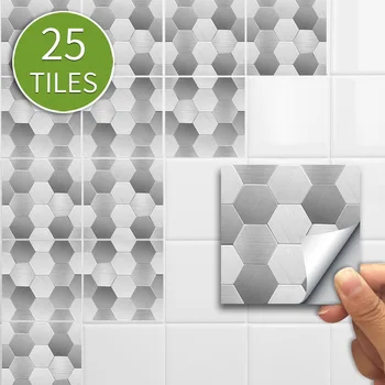

25Pcs Hexagonal Silver Traditional PVC Stickers Bathroom Mosaic Kitchen Tile Sticker Self-adhesive Wall Decor 10*10cm/15*15cm