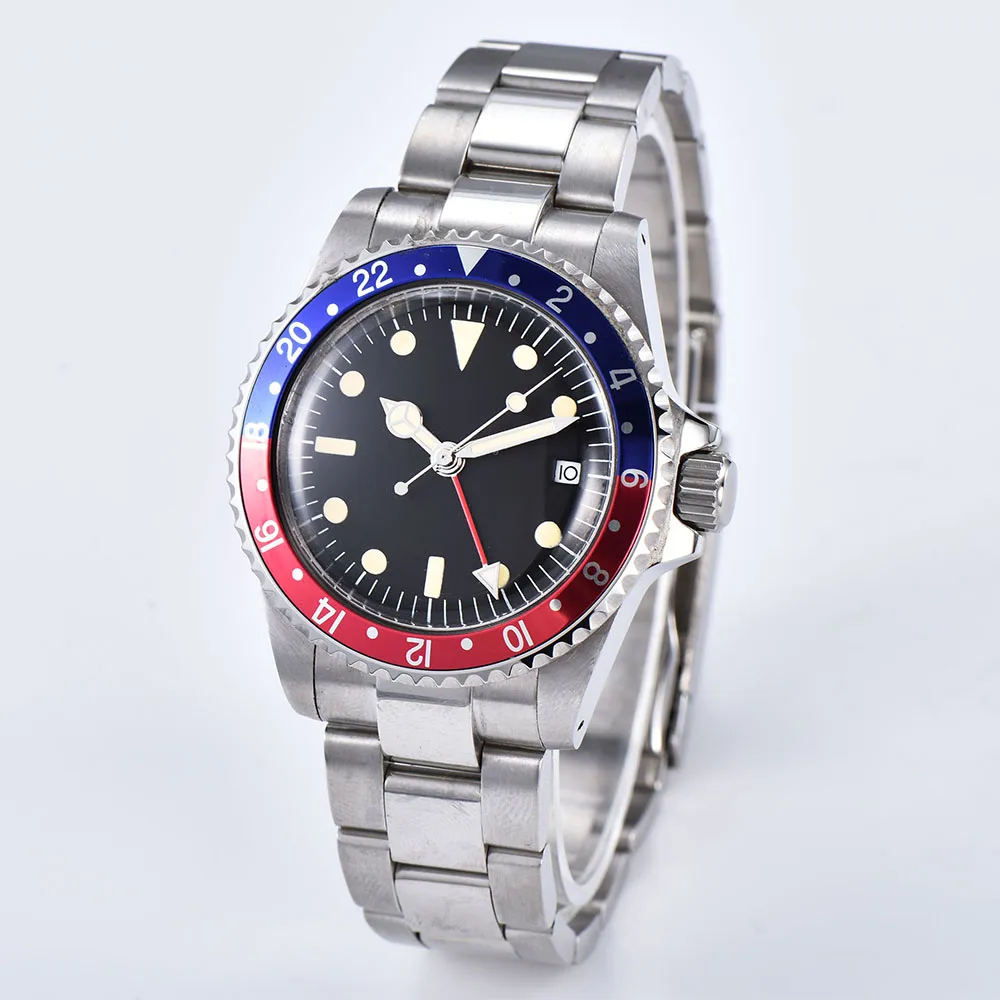 40mm watch GMT automatic luminous hand steel shell movement mechanical watch aluminum bezel brushed bracelet 1015