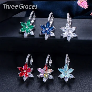 

ThreeGraces Fashion Multi Green Pink Red Cubic Zircon Crystal Marquise Cut Lovely Flower Party Stud Earrings for Ladies ER311