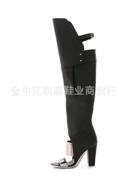 

Женские ажурные сапоги до колена, черные сапоги из искусственной кожи с открытым носком, на ремешке с пряжкой, на массивном каблуке, осень 2022