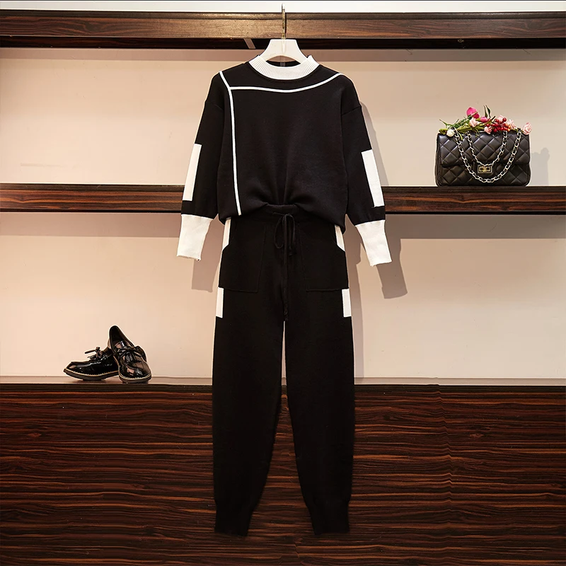 

Autumn 2 Pieces Set Knitted Pullovers Sweater Casual Stripe Knit Jumper Tops and Pants Suits Fashionable Long Sleeve Tracksuits