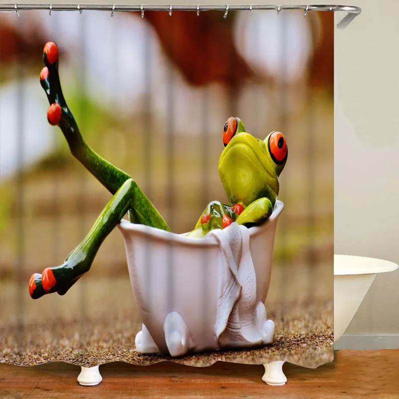 

Funny Tree Frog in Bathtub Shower Curtains 3D Frogs Bath Curtains Set for Bathroom Bathroom Curtains Mats Rugs for Toilet Decor