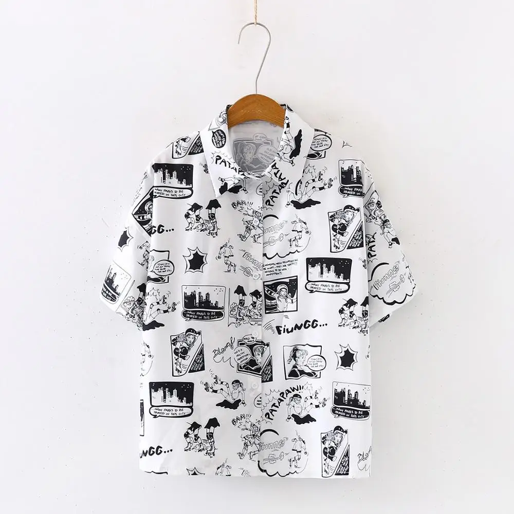 White Short Sleeve Летнее Новое поступление, комическое и напечатанное слово, отложной воротник, блузка на пуговицах, винтажные шикарные белые рубашки, Feminina Blusa T9O802F - Цвет: White Short Sleeve