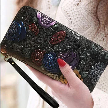 

Long Women Zipper Bags Leather 3D Embossing Rose Dragonfly Butterfly Lady Clutch Bag Large Capacity Wallet Women Wallet Carteira