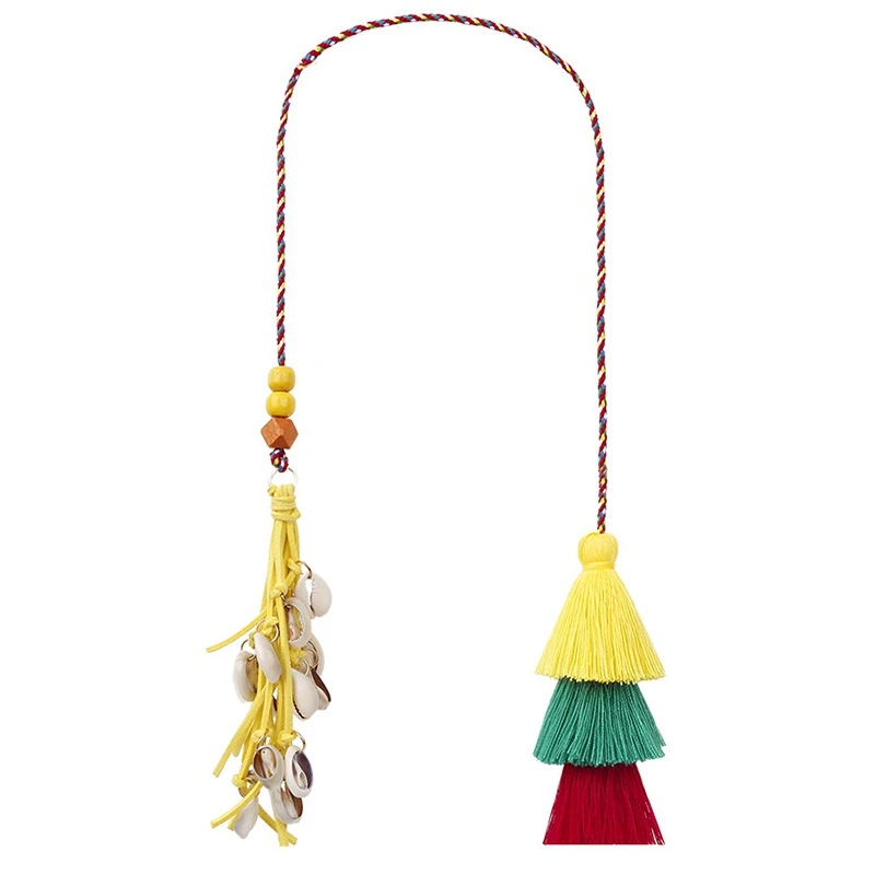 Yellow Boho Стиль Пляж оболочки брелки с красочными кисточками для женщин сумка Висячие деревянные бусины кулон летние ювелирные изделия - Цвет: Yellow