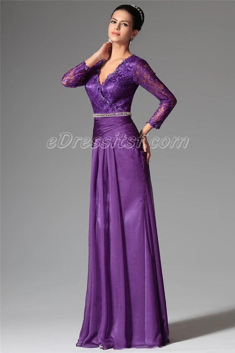 Вечеринка сари robe de soiree courte/фиолетовый кружевная обувь с украшением в виде кристаллов; пикантные с v-образным вырезом с длинными рукавами для матери невесты платья