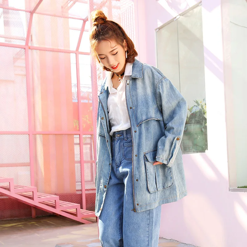 

Mining Yuan Bao Mid-length Denim Windbreaker Versatile Casual Loose-Fit Jeans Coat Women's Photo Shoot Blue Denim Top