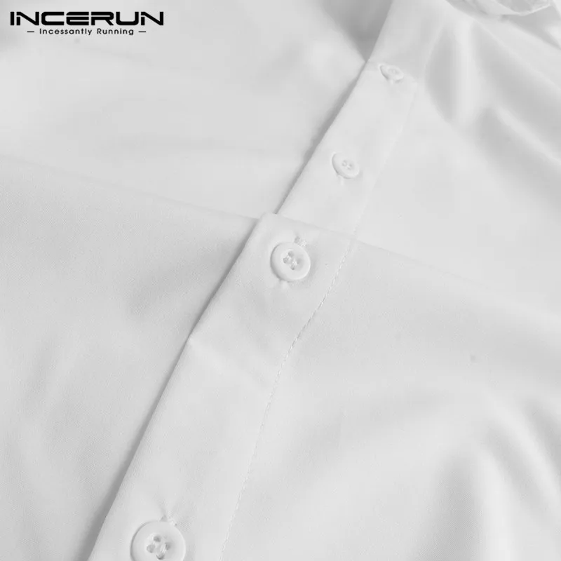 INCERUN, Мужская Однотонная рубашка с отворотом, длинный рукав, кружево, пэчворк, платье, корейская мода, Клубная одежда, вечерние, тонкая рубашка, повседневная мужская блузка