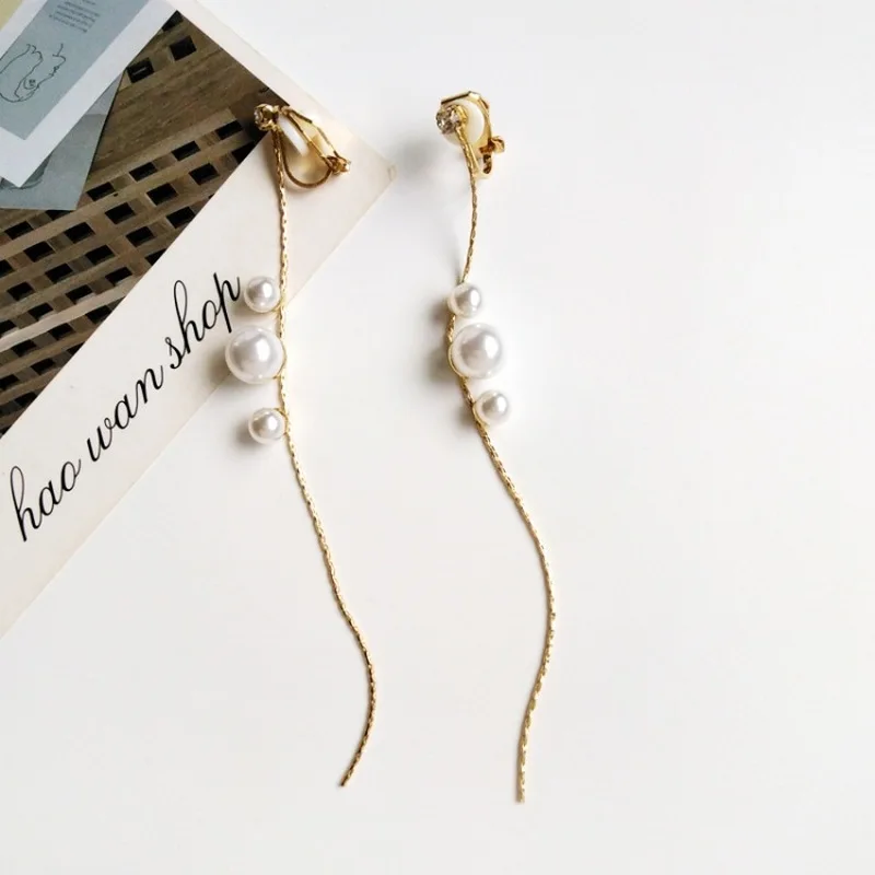 

Korean Creative Personality Long Chain Imitation Pearl Earrings Fashion Temperament Girl Women's Accessories Ear Clip Jewelry