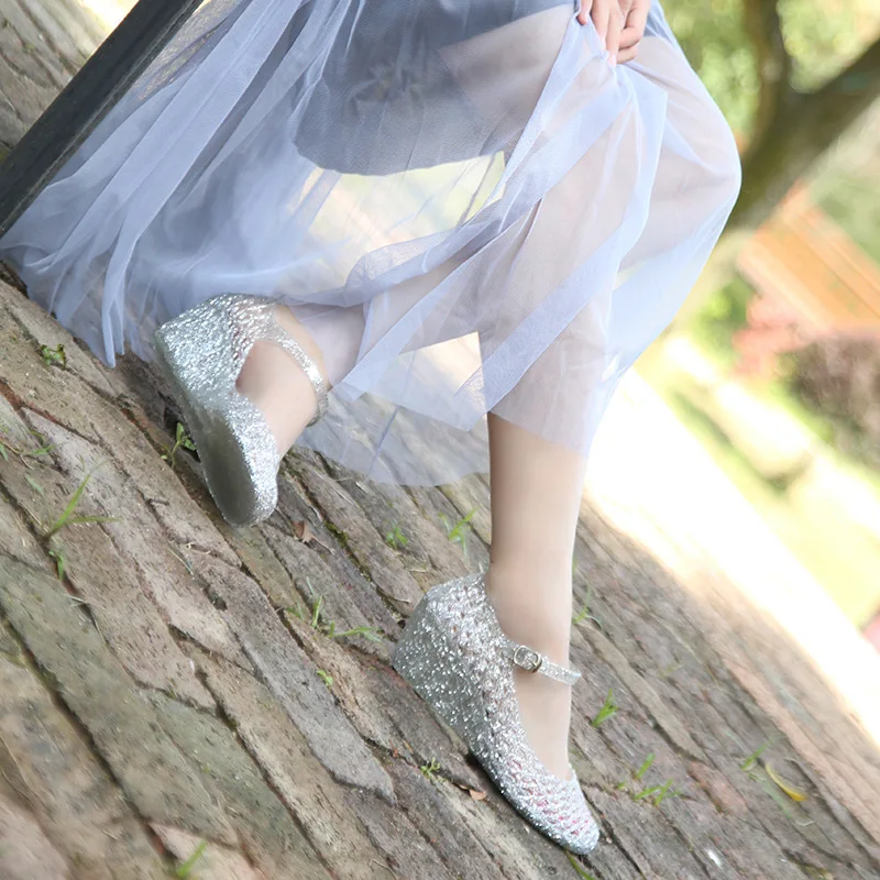 

Summer New Style Sandals Women's Crystal Jelly Slanted Heel Gladiator Sandals Buckle Fashion Sequin Anti-slip Comfortable