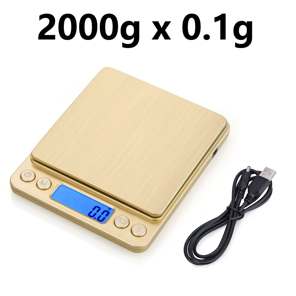 Мини электронные кухонные весы 0,1 г, точные почтовые диетические весы для приготовления пищи, измерительные инструменты с 2 лотками, серебро и золото - Цвет: gold-2000g