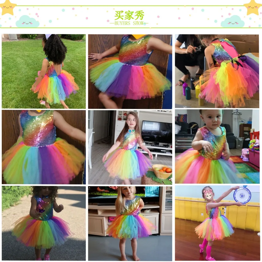 Rainbow Sequins Tutu Dress for Kids Fashion Backless Sleeveless Tulle Dress Girls Clothes Colorful Children Girl Party Dress 2-8