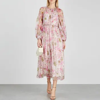 

HAMALIEL Holiday Beach Floral Print Chiffon Long Dress New 2020 Runway Designer Spring Pink Lantern Sleeve Female Maxi Dress