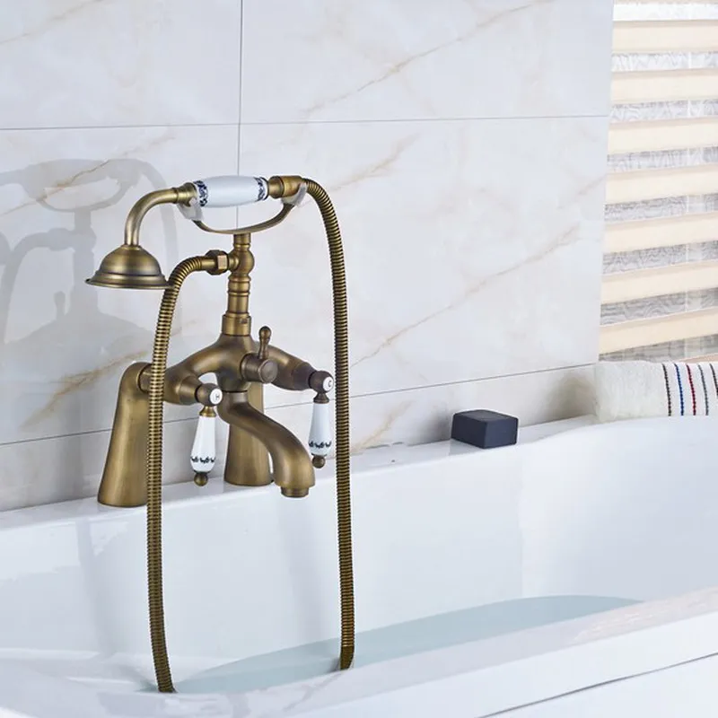 Antique Brass Double Ceramic Handles Deck Mounted Bathroom Clawfoot Bathtub Tub Faucet Mixer Tap w/Hand Shower aan009