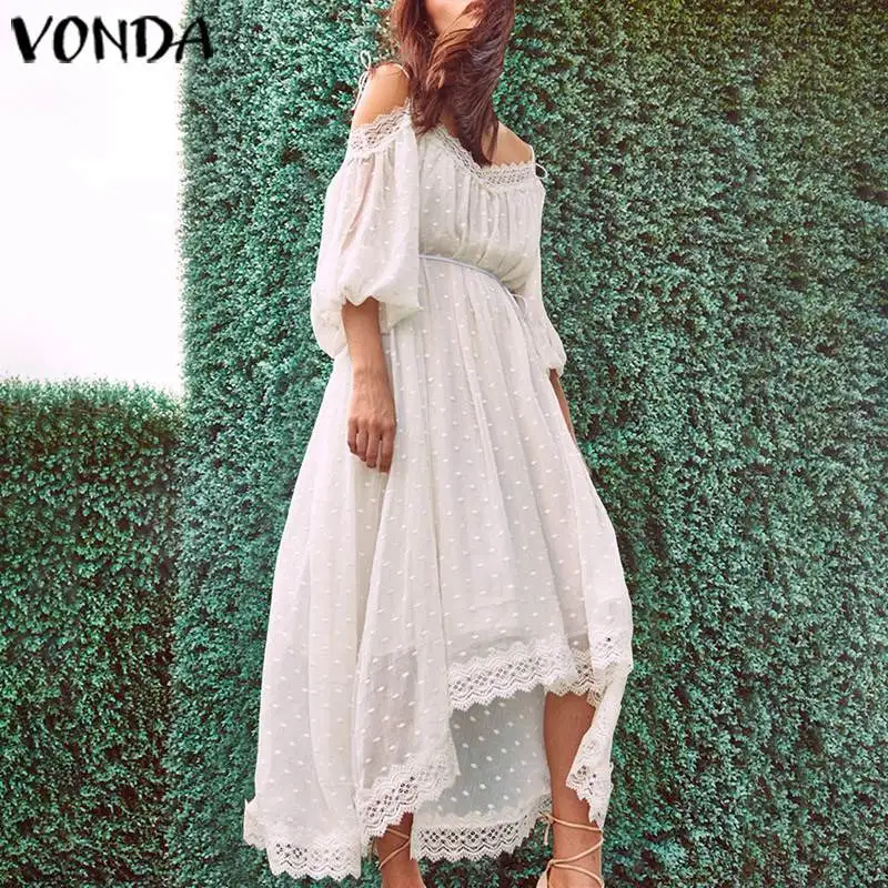 VONDA Макси платье сексуальное с открытыми плечами белое кружевное вечернее платье 2019 Лето Плюс Размер Vestidos Повседневный свободный сарафан 5XL Халат|Платья| | АлиЭкспресс