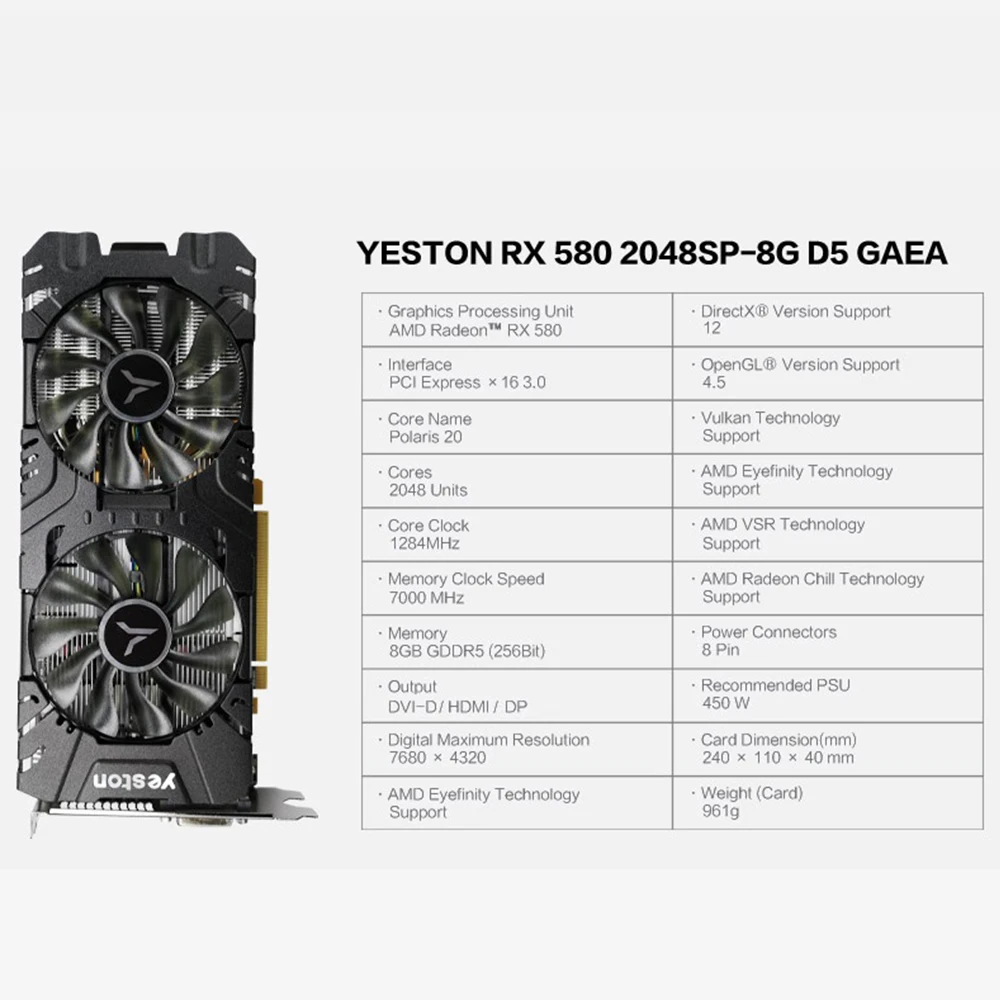 Yeston Radeon RX 580 GPU 8 ГБ GDDR5 256bit игровой настольный компьютер ПК видеокарты Поддержка DVI-D/HDMI/DP PCI-E X16 3,0