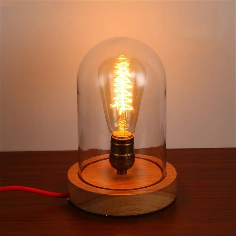 Table Lamps Loft Vintage Wood Table Light with Glass Lampshade Edison Table Beside Desk Lights for Bedroom Living Study Room CCC