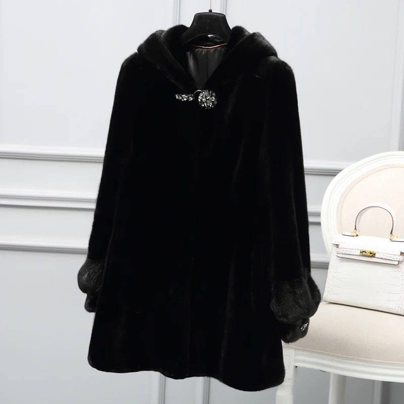 Черный inverno новая полностью из норки меховая шуба longa seque de moda simples das mulheres com capuz de pele de vison casaco jaqueta - Цвет: Черный