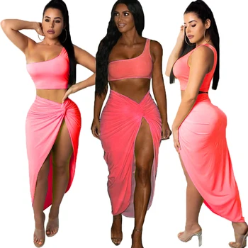

Sexy Women Set 2 Pcs S-XXL Plus Size One Shoulder Crop Top Tank + Ankle Length Wrap Skirts Ladies Clothes Set