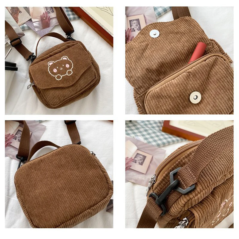 Geestock Small Bear Crossbody Bag For Girl Student Canvas Zipper Messenger Bag Small Corduroy Shoulder Bags Travel Purse Handbag