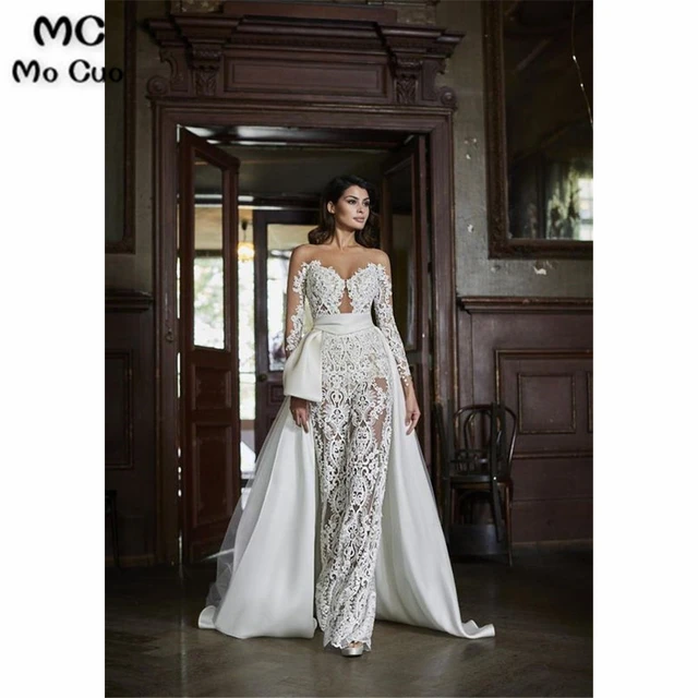 Mono Blanco largo elegante para mujer, vestidos De novia con tren  desmontable, pantalón trasero De satén con cremallera, bata De novia -  AliExpress