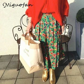 

Miguofan Pleated skirts women plus size green flower print elegant skirts high waist long skirt 2020 vestidos spring jupe femme