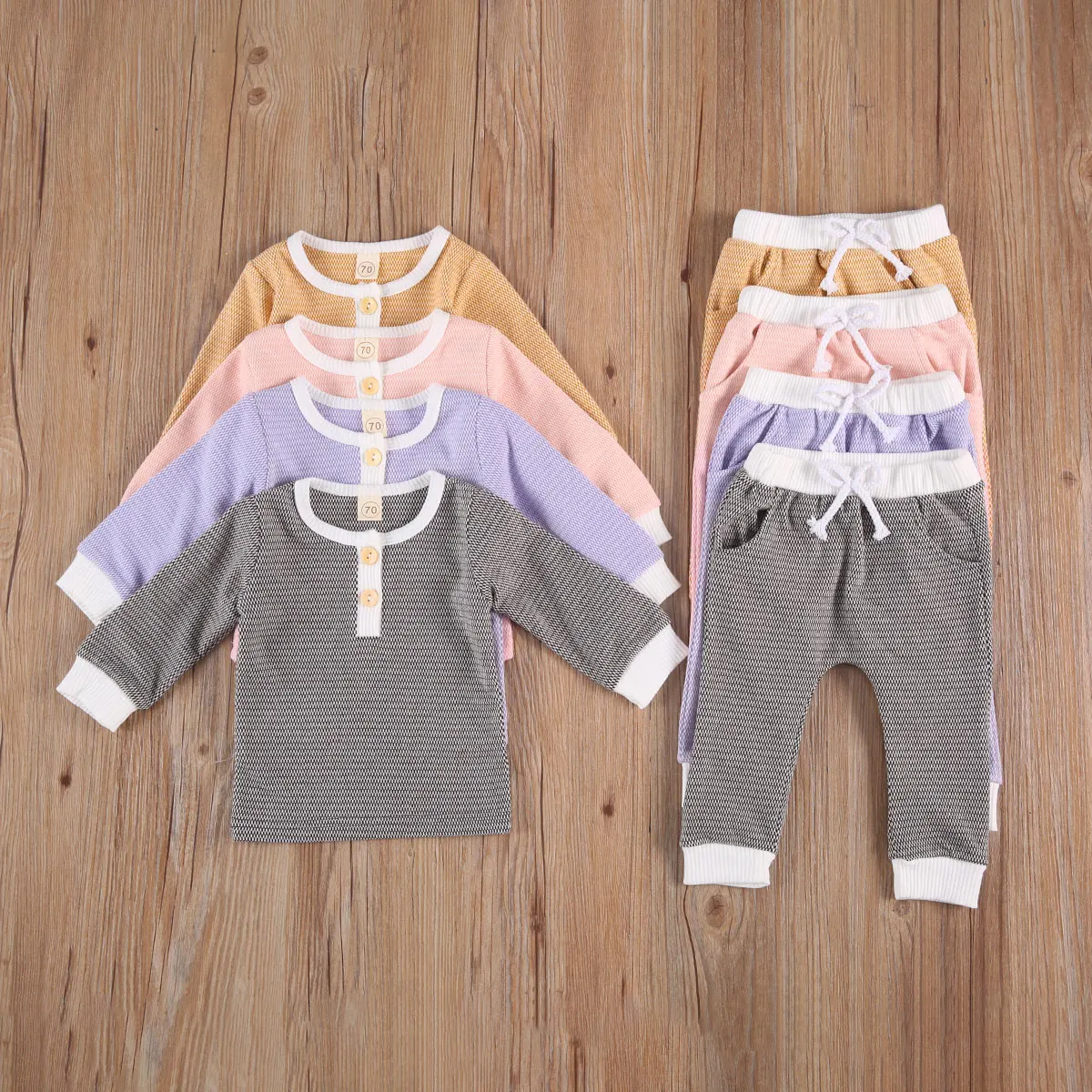 

2 Pcs Newborn Solid Color Outfits, Infant Long Sleeve Round Neck Decorative Button Top + Side Pocket Drawstring Trousers
