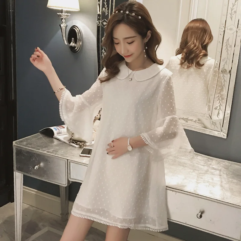 

2018 New Style Korean-style Spring Maternity Clothes Elegant Peter Pan Collar Bell Sleeve A- line Dress