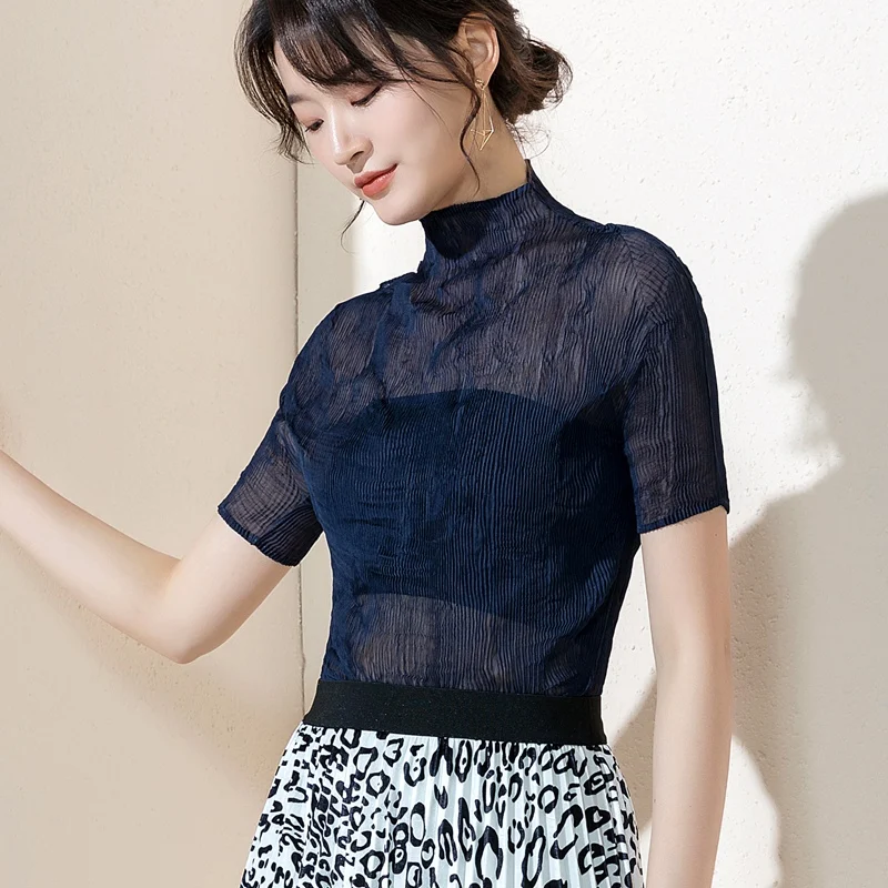 

Perspective Sexy 2019 New style in spring and summer Gauze Chiffon shirt Fold High collar Short sleeve Women's T-shirt