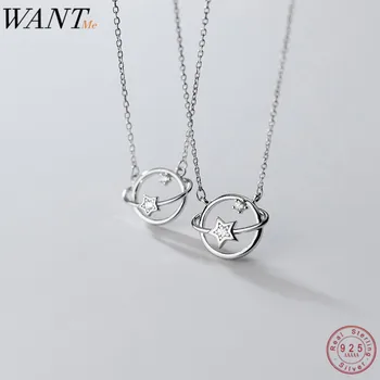 

WANTME Genuine 100% 925 Sterling Silver Jewelry Creative Round Hollow Star Planet Pendant Clavicle Choker Necklace for Women