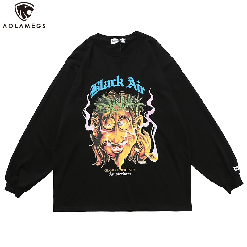 

Aolamegs Men T Shirt Cartoon Portrait Print Casual Loose Tee Shirts Tops Vintage High Street Style Long Sleeve Streetwear Spring