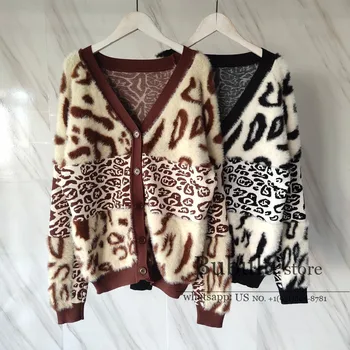 

luxury designer women 2020 high end autumn winter New Stitching Mink Leopard jacquard knitted over sized Cardigans Sweater S-L