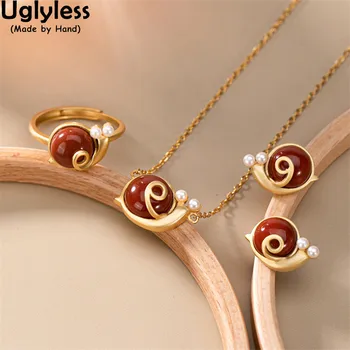 

Uglyless Lovely Animals Snail Jewelry Sets for Women Agate Pearls Snails Studs Earrings + Rings Set Real 925 Silver Fashion Gift